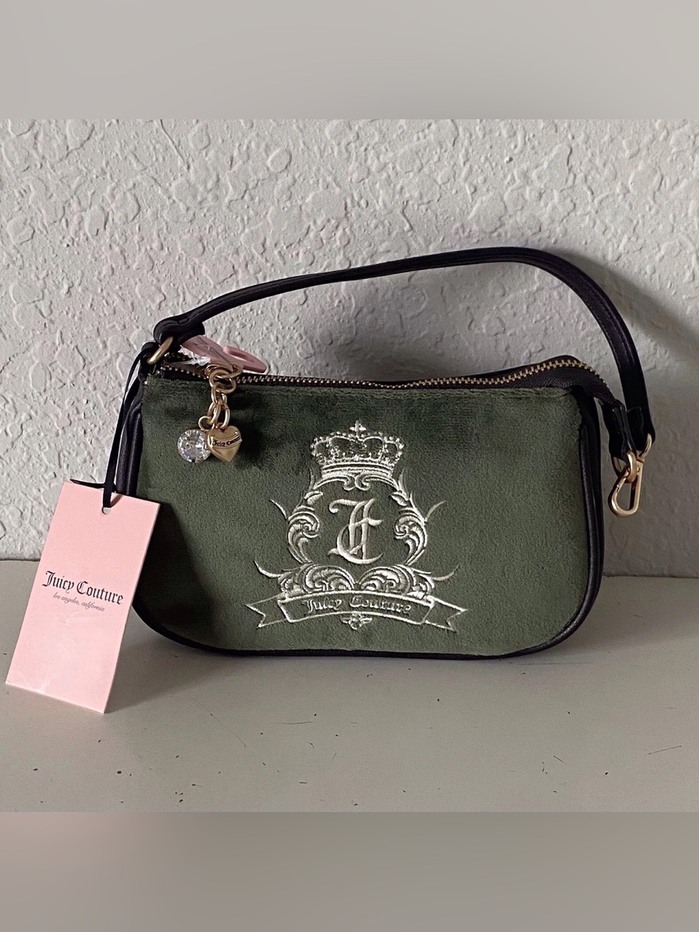 Juicy Couture Olive Green Velvet Mini Wristlet with Gold Charm